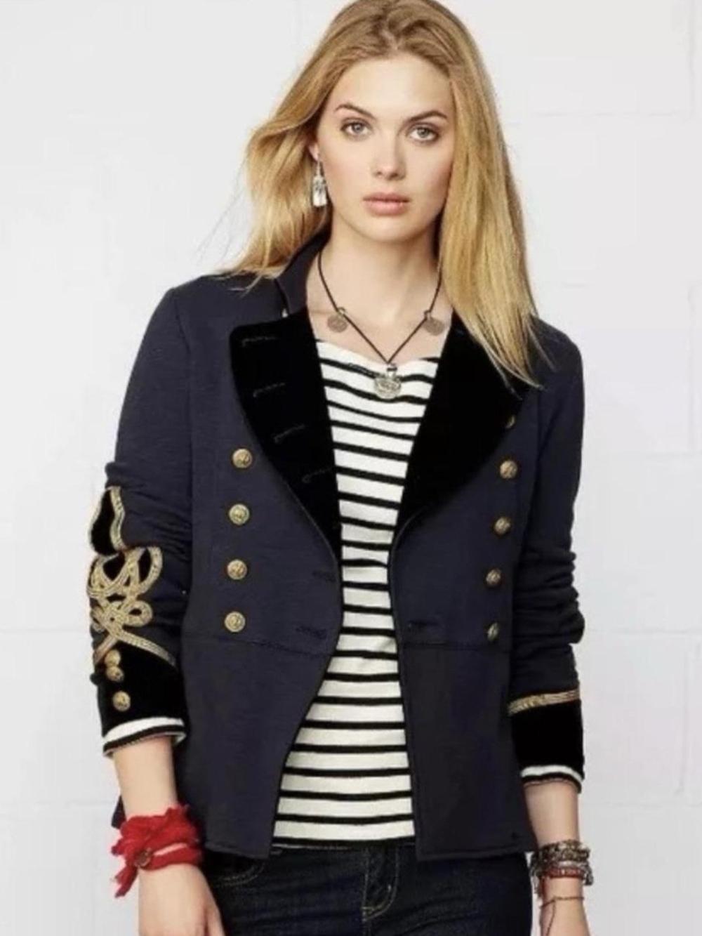 Denim & Supply Ralph Lauren Navy Military-Style Blazer with Gold Accents